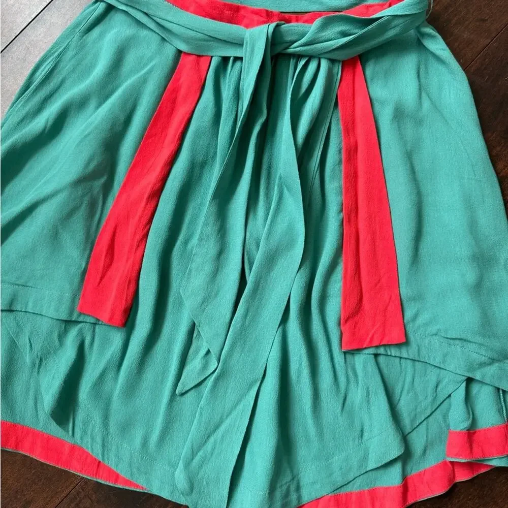 Umgee Colorblock Teal & Coral Asymmetrical Layered Mini Skirt Size Large